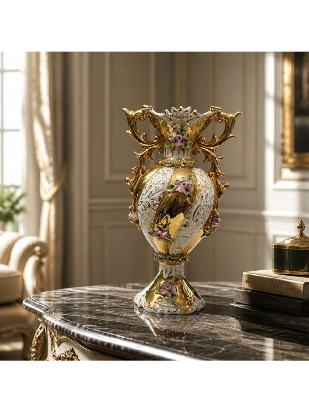 Vintage Ornate Porcelain Vase With Gold Detailing & Floral Accents
